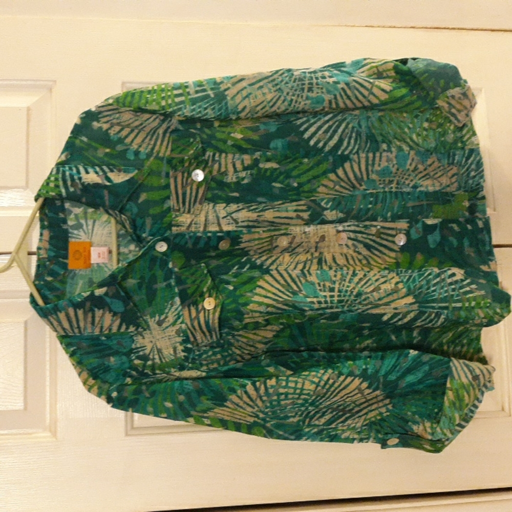Ruby rd womens top shirt plus size 16w green blue tropical shacket